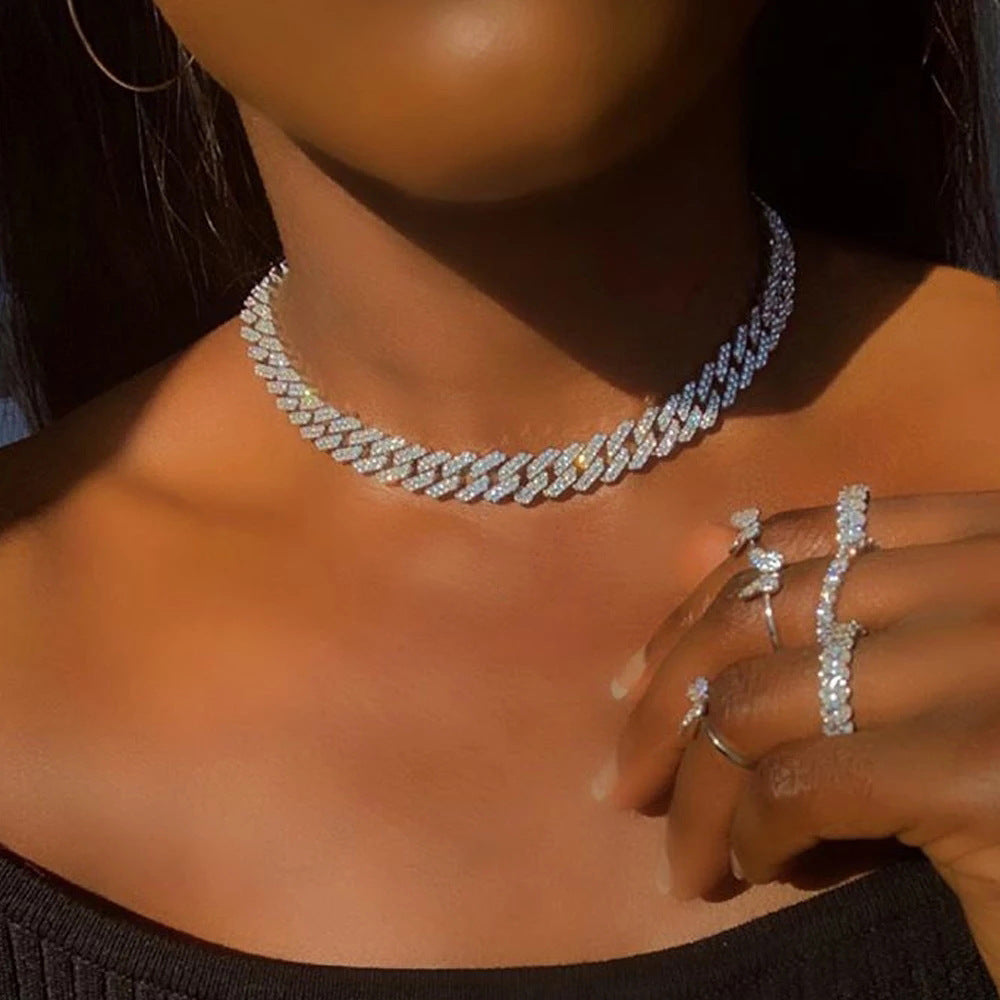 Punk Cuban Diamond Crystal Single Row Necklace